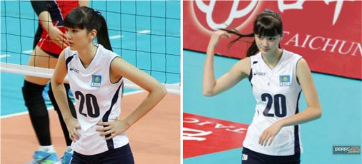 Kazakhstan-Sabina-Altynbekova-Volleyball-Player-Babe-on-court-and-flashing-hair